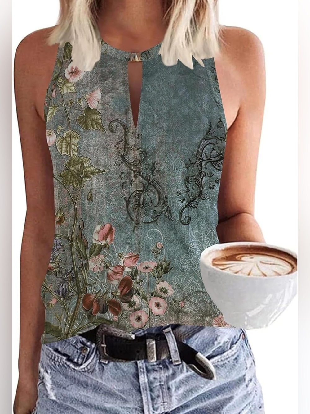 Floral Keyhole Halter Like Tank Top in Teal Green